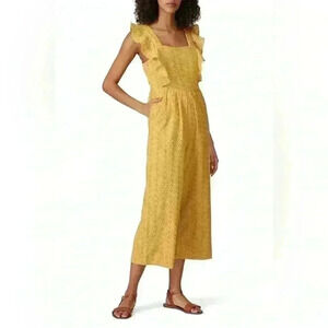 MINKPINK size small yellow embroidered floral jumpsuit with ruffles and pockets
